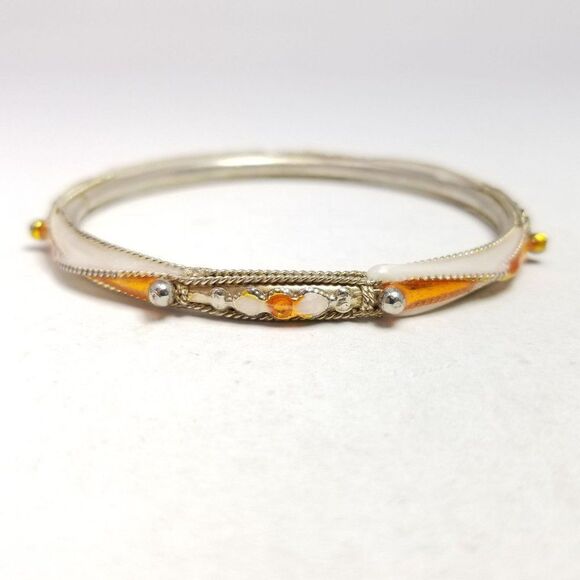 Vintage Orange and White Enamel Bangle Bracelet, Silver Tone Metal, Estate - Picture 2 of 6